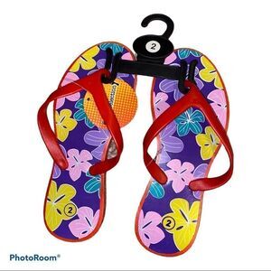 Sole Selection Red Tropical Floral FLIP FLOPS NWT